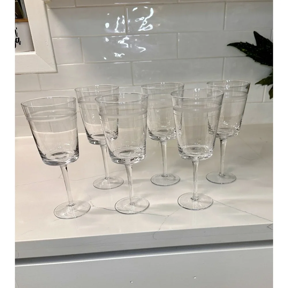 RARE CRYSTAL Pottery Barn Stemmed Wine Glasses ETCHED S/6 (Two Sets Available)